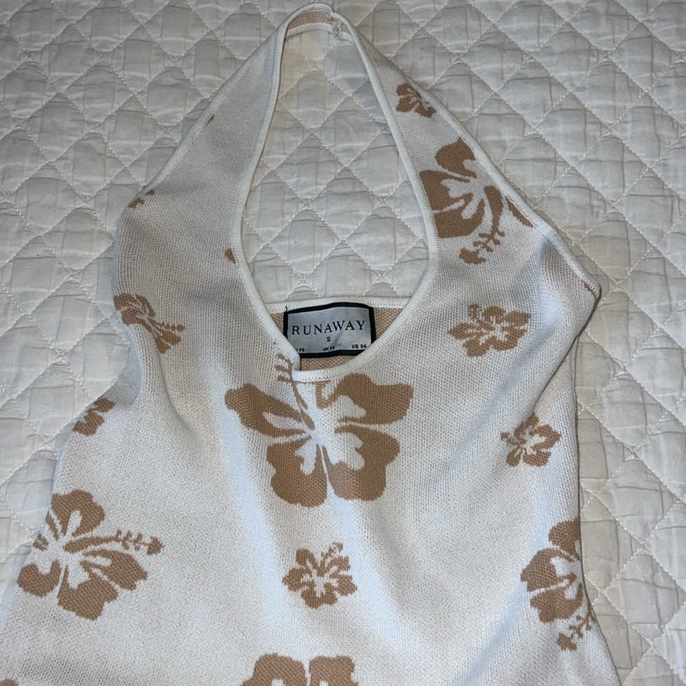 RUNAWAY Cream and Brown Floral Knit Dress
